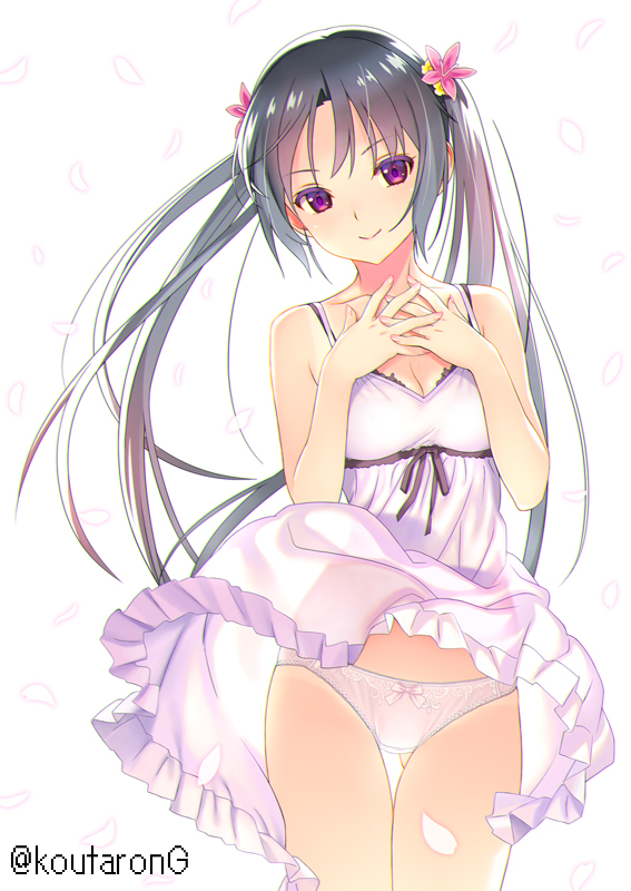 1girl artist_name black_hair bow bow_panties breasts cleavage closed_mouth collarbone dress flower hair_flower hair_ornament koutaro long_hair looking_at_viewer original panties pink_dress red_eyes simple_background small_breasts smile solo standing twintails twitter_username underwear watermark white_background white_panties