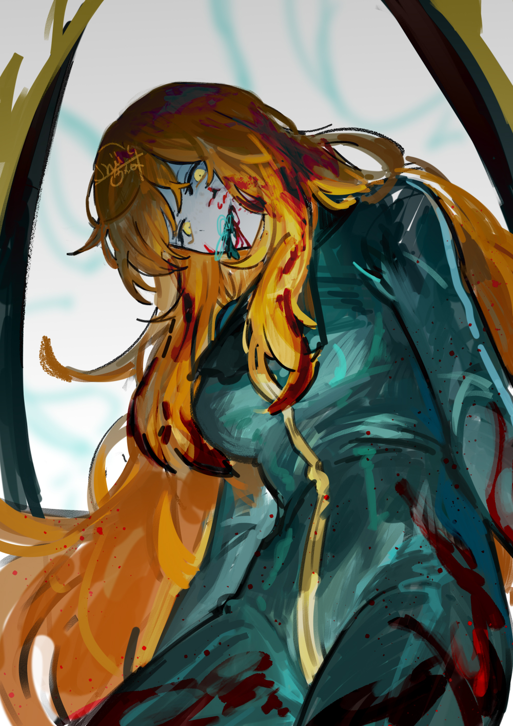 1girl blood blood_in_hair blood_on_clothes blood_on_face bodysuit e.g.o_(project_moon) glowing glowing_eyes green_bodysuit highres ishmael_(project_moon) limbus_company long_hair long_sleeves monster_girl nishikujic official_alternate_costume orange_hair project_moon signature solo white_background yellow_eyes