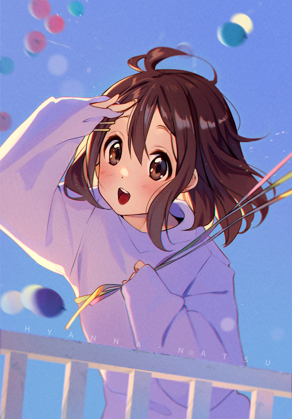 1girl antenna_hair arm_up artist_name balloon blue_sky day english_commentary fence hair_between_eyes highres hirasawa_yui holding holding_balloon hyanna-natsu k-on! long_sleeves looking_at_viewer medium_hair open_mouth outdoors sky sleeves_past_wrists smile solo sweater teeth turtleneck turtleneck_sweater upper_body upper_teeth_only white_sweater