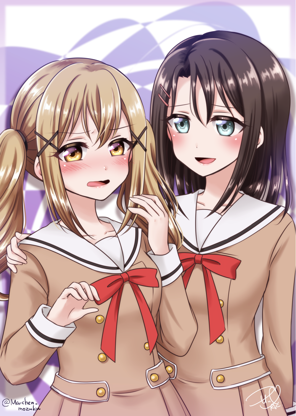 2girls bang_dream! black_hair blonde_hair blue_eyes blush brown_dress buttons commentary_request double-breasted dress hair_ornament hairclip hanasakigawa_school_uniform hand_on_another's_shoulder highres ichigaya_arisa long_hair long_sleeves looking_at_another medium_hair multiple_girls neck_ribbon okusawa_misaki open_mouth partial_commentary red_ribbon ribbon ric._(marchen_mozuku) sailor_collar sailor_dress school_uniform sidelocks signature smile twintails white_sailor_collar x_hair_ornament yellow_eyes yuri