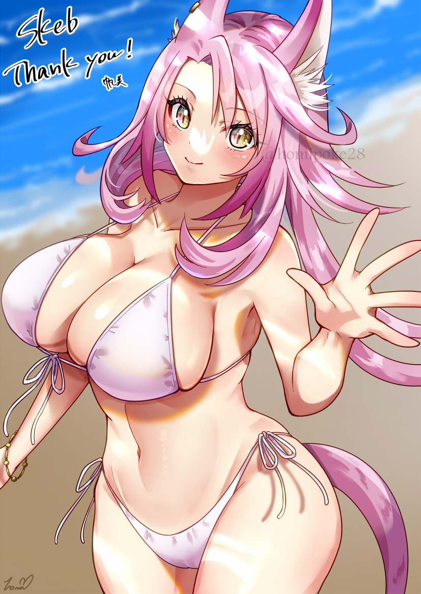 1girl animal_ear_fluff armpits beach bikini breasts cat_girl cleavage commission duel_monster homi28 huge_breasts looking_at_viewer navel outdoors pink_hair sideboob signature skeb_commission skindentation smile solo standing swimsuit tail tri-brigade_ferrijit_the_barren_blossom waving white_bikini yellow_eyes yu-gi-oh!