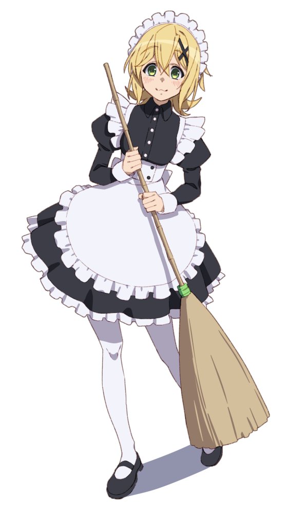 1girl akatsuki_kirika alternate_costume apron black_footwear blonde_hair breasts broom cross_hair_ornament enmaided frilled_apron frilled_hairband frilled_skirt frills full_body green_eyes hair_between_eyes hair_ornament hairband holding holding_broom looking_at_viewer maid maid_headdress mary_janes medium_hair pantyhose senki_zesshou_symphogear shoes simple_background skirt solo tsukamoto_kensuke waist_apron white_background white_pantyhose