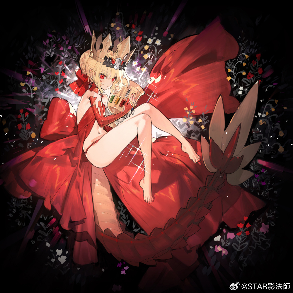 1girl blonde_hair crown cup dragon_tail dress fate/grand_order fate_(series) hair_ornament holding holding_cup long_hair nero_claudius_(fate) pointy_ears queen_draco_(fate) red_dress red_eyes starshadowmagician tail