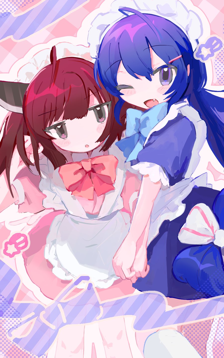 2girls :o ahoge alternate_costume apron arm_around_waist blue_bow blue_bowtie blue_dress blue_hair blush_stickers bow bowtie commentary_request dress enmaided fang grey_eyes hair_ornament hairclip hand_in_own_hair hand_on_another's_head hand_up headgear highres jitome long_hair looking_at_viewer maid maid_apron maid_headdress matching_outfits medium_hair multiple_girls one_eye_closed open_mouth otomachi_una outline pink_background pink_bow pink_bowtie pink_dress pink_hair plaid plaid_background puffy_short_sleeves puffy_sleeves purple_eyes shooting_star_(symbol) short_dress short_sleeves smile standing tenpibo_ramune touhoku_kiritan twintails vocaloid voiceroid white_apron white_outline