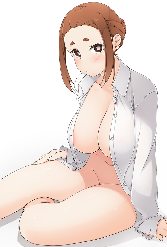 1girl blush breasts bright_pupils brown_eyes brown_hair collared_shirt hair_bun hinata_masaki kaii_to_otome_to_kamigakushi large_breasts long_sleeves looking_at_viewer mole mole_under_eye naked_shirt ogawa_sumireko open_clothes open_shirt shirt short_eyebrows short_hair sidelocks simple_background sitting smile solo thick_eyebrows white_background white_pupils white_shirt