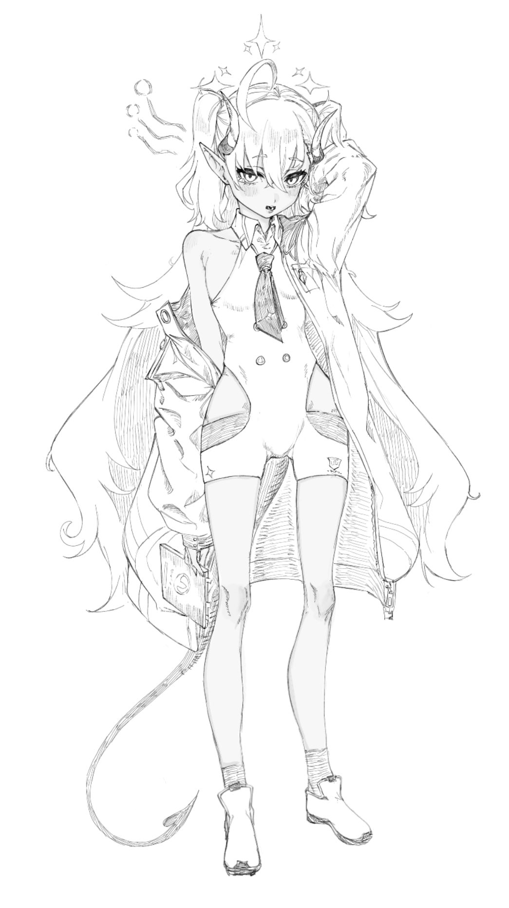 1girl ahoge blue_archive bodysuit clothing_cutout demon_horns demon_tail greyscale halo highres holding holding_notebook horns indinu jacket long_hair looking_at_viewer loose_necktie monochrome necktie notebook open_clothes open_jacket pointy_ears shoes short_twintails side_cutout simple_background sketch socks star_halo sumomo_(blue_archive) tail twintails white_background
