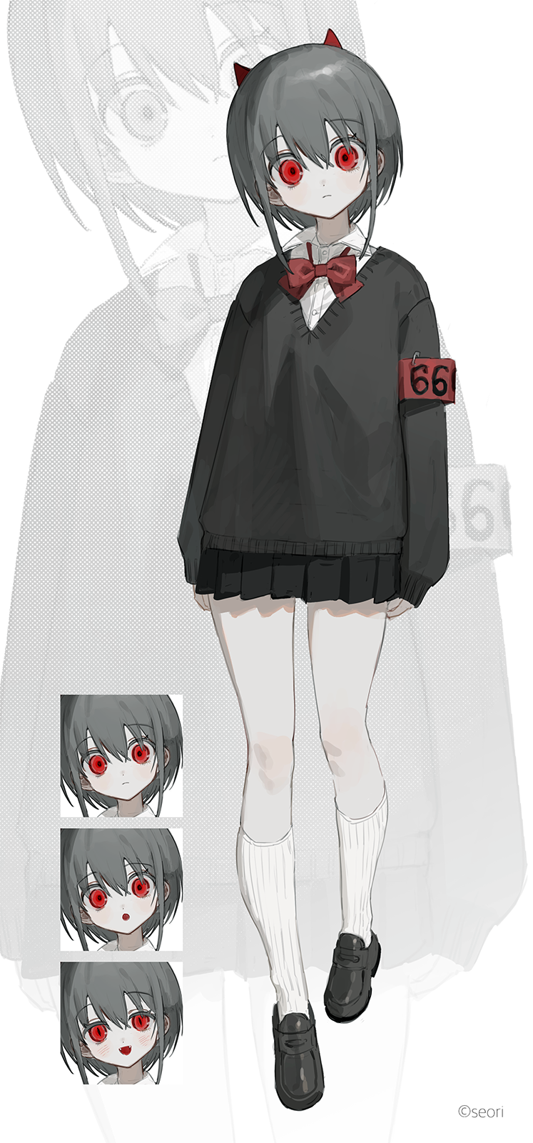 1girl :d :o armband bow bowtie cardigan collared_shirt copyright_name demon_girl demon_horns expressions fanged_bangs fangs frost_fog grey_hair highres horns loafers looking_at_viewer miniskirt original parted_bangs red_armband red_bow shirt shoes short_hair silhouette skirt smile socks thighhighs white_background white_socks