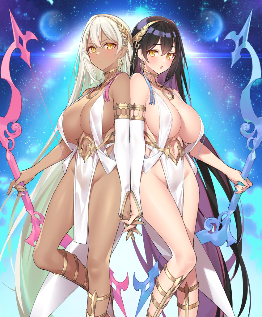 2girls :o absurdly_long_hair apollo_(evertale) artemis_(evertale) back-to-back bare_shoulders black_hair blush bow_(weapon) breasts bridal_gauntlets center_opening closed_mouth clothing_cutout cloud contrast covered_nipples dangle_earrings dark-skinned_female dark_skin earrings evertale frown gold gold_hairband gold_trim groin hair_between_eyes hairband holding holding_bow_(weapon) holding_hands holding_weapon huge_breasts jewelry laurel_crown lens_flare light_particles long_hair looking_at_viewer multiple_girls navel navel_cutout no_panties official_art pelvic_curtain planet popqn revealing_clothes sandals shiny_skin siblings sisters sky space standing standing_on_one_leg star_(sky) starry_sky twins v-shaped_eyebrows very_long_hair weapon white_bridal_gauntlets white_hair white_nails yellow_eyes