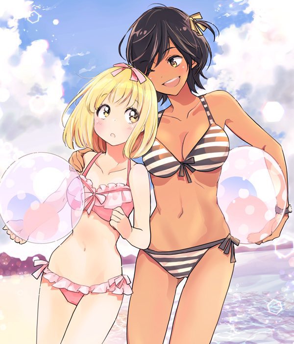 2girls asagao_to_kase-san ball beach beachball bikini black_hair blonde_hair blue_sky breasts brown_eyes closed_mouth cloud commentary_request cowboy_shot dark-skinned_female dark_skin day frilled_bikini frills hair_ribbon hand_on_another's_shoulder holding holding_ball holding_beachball kase_tomoka large_breasts medium_hair multiple_girls navel one_eye_closed one_side_up open_mouth outdoors pink_bikini pink_ribbon ribbon short_hair sky smile striped_bikini striped_clothes swimsuit takashima_hiromi tan yamada_yui yellow_ribbon yuri