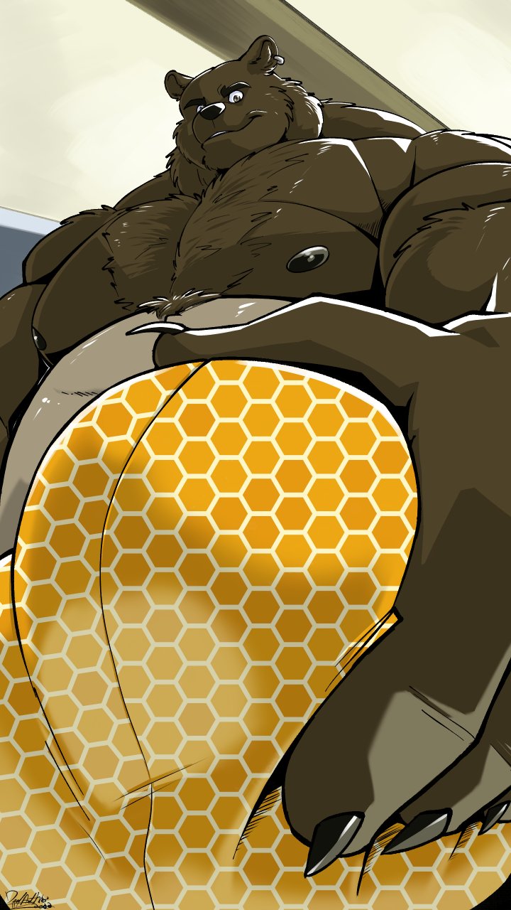 2022 9:16 anthro bear big_bulge bulge bulge_grab chest_tuft clothed clothing crotch_focus crotch_grab deadanthro ear_piercing front_view grope hi_res honeycomb_(pattern) ky_(kumakingkai40) looking_at_viewer looking_down looking_down_at_viewer low-angle_view male mammal manly muscular muscular_male nipples pattern_clothing pattern_underwear pecs piercing self_grope solo tuft underwear underwear_only