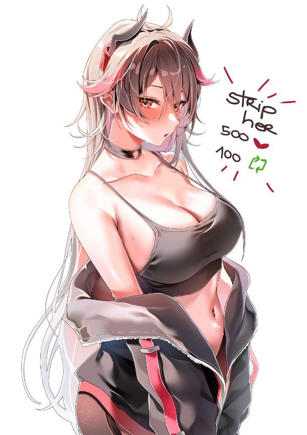 1girl antenna_hair black_jacket black_tank_top blush breasts brown_hair chestnut_mouth choker cleavage collarbone cowboy_shot fifi_(vtuber) horns indie_virtual_youtuber jacket jacket_partially_removed large_breasts like_and_retweet long_hair looking_at_viewer machulanko meme multicolored_hair navel o-ring o-ring_choker red_eyes sidelocks simple_background solo symbol-shaped_pupils tank_top twitter_strip_game_(meme) two-tone_hair very_long_hair virtual_youtuber white_background