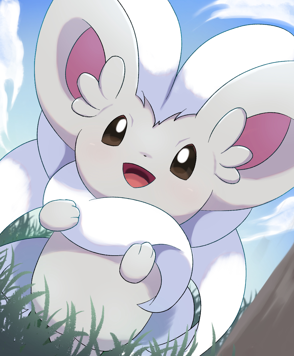 :d cinccino cloud commentary_request day grass happy highres no_humans open_mouth outdoors pokemon pokemon_(creature) rumine_(yoshi1234567) sky smile solo tongue