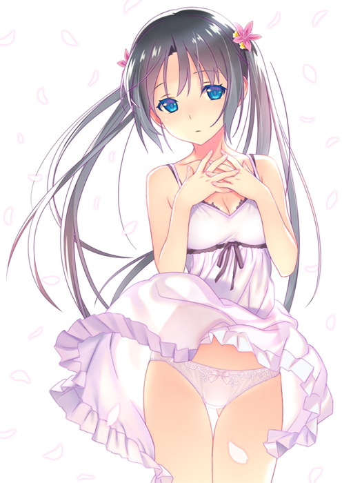 1girl black_hair blue_eyes bra bra_under_clothes cherry_blossoms clothes_lift comiket_98 cowboy_shot dress dress_lift flower hair_flower hair_ornament hands_on_own_chest interlocked_fingers koutaro long_hair looking_at_viewer original own_hands_together panties pantyshot petals ribbon sidelocks simple_background solo sundress twintails underwear upskirt white_background white_dress