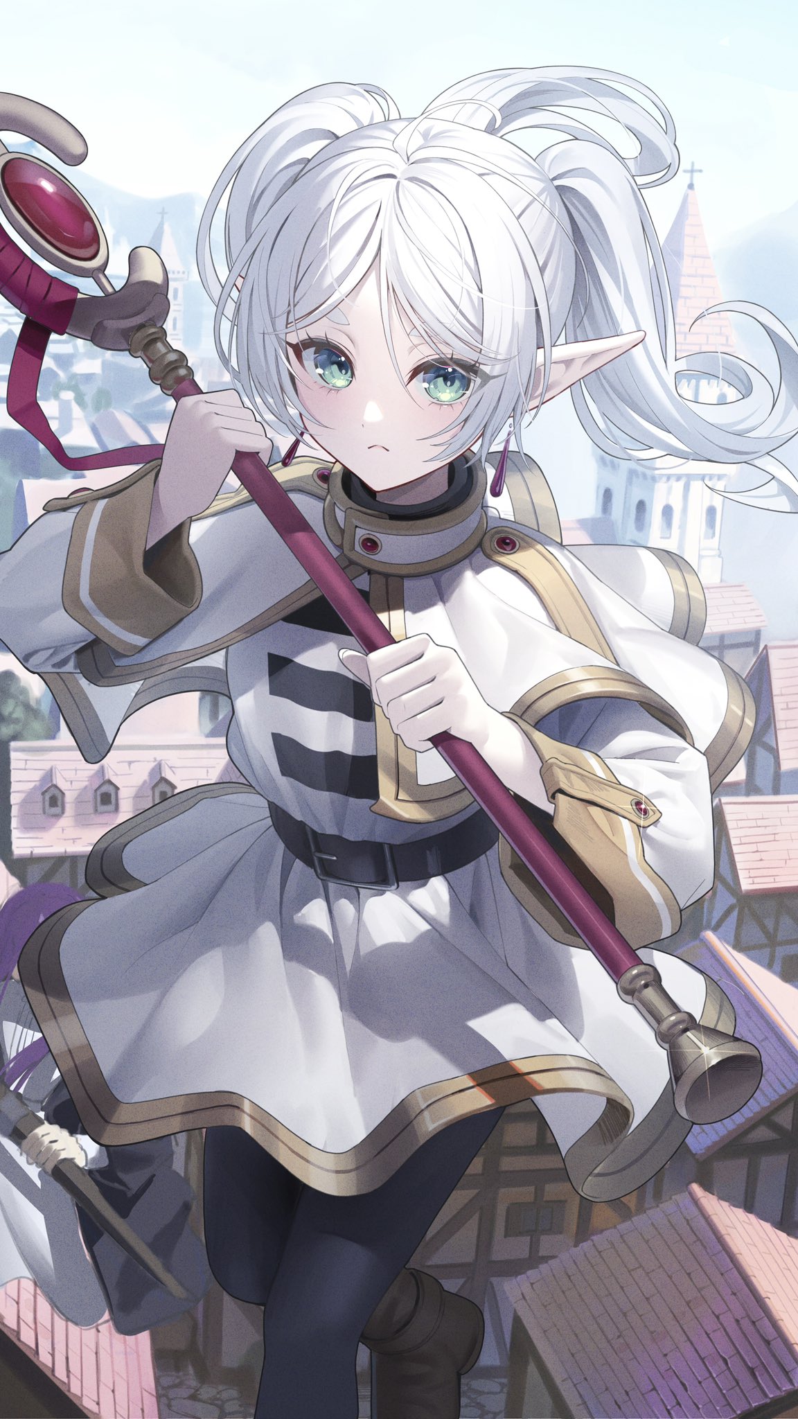 1girl 2023 blue_eyes cityscape elf frieren highres holding holding_staff mage_staff matsukaze_tiyo pale_skin pointy_ears sousou_no_frieren staff white_hair