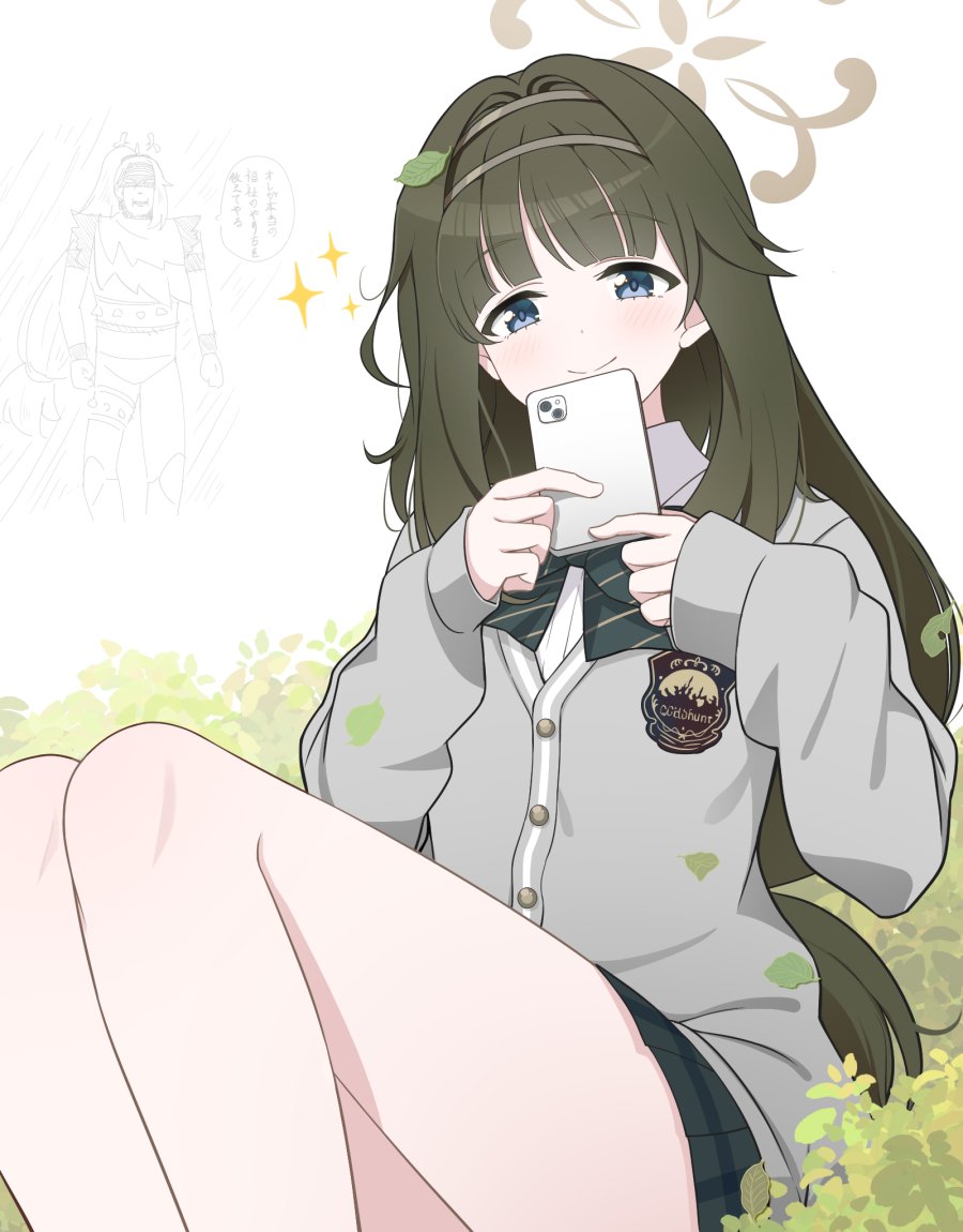 1girl blue_archive blue_eyes brown_hair bush cellphone character_request closed_mouth commentary_request hair_ornament halo headband holding holding_phone hoshino_ouka leaf looking_at_viewer phone school_uniform shiina_tsumugi simple_background smile solo thighs translation_request white_background