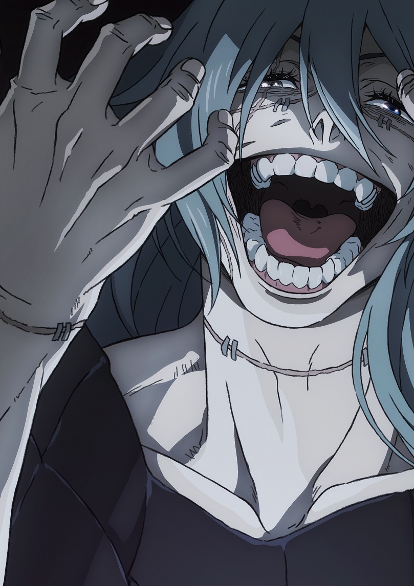 1boy black_shirt blue_eyes blue_hair eyelashes grey_hair hair_between_eyes hand_up heterochromia jujutsu_kaisen koiso_sayaka long_hair looking_at_viewer mahito_(jujutsu_kaisen) male_focus official_art open_mouth shirt smile solo stitched_arm stitched_face stitched_neck stitches