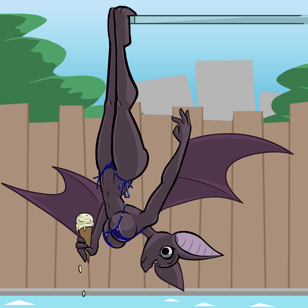 2024 anthro aygee barefoot bat big_breasts bikini blue_bikini blue_clothing blue_swimwear breasts clothing diving_board feet female food ice_cream_cone kamora_(argent) looking_at_viewer mammal membrane_(anatomy) membranous_wings outside pool side-tie_bikini solo string_bikini swimwear upside_down water winged_arms wings