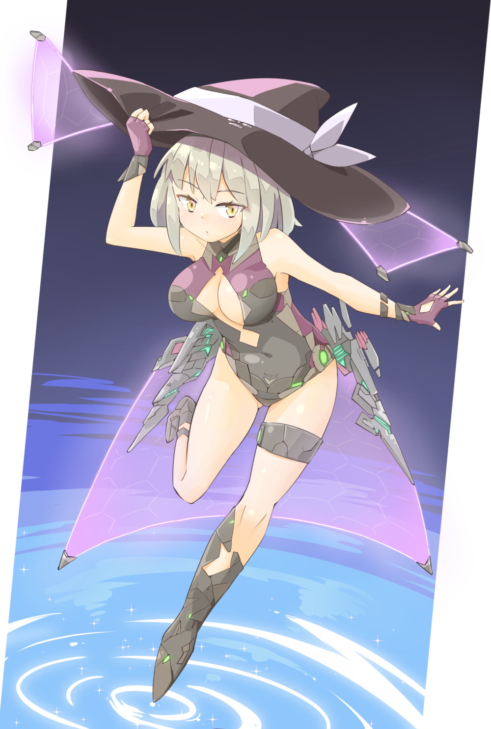 1girl arnest breasts center_opening fingerless_gloves gloves grey_hair hand_on_headwear hat highres kirisame_marisa large_breasts leotard looking_at_viewer science_fiction short_hair solo thigh_strap touhou witch_hat yellow_eyes