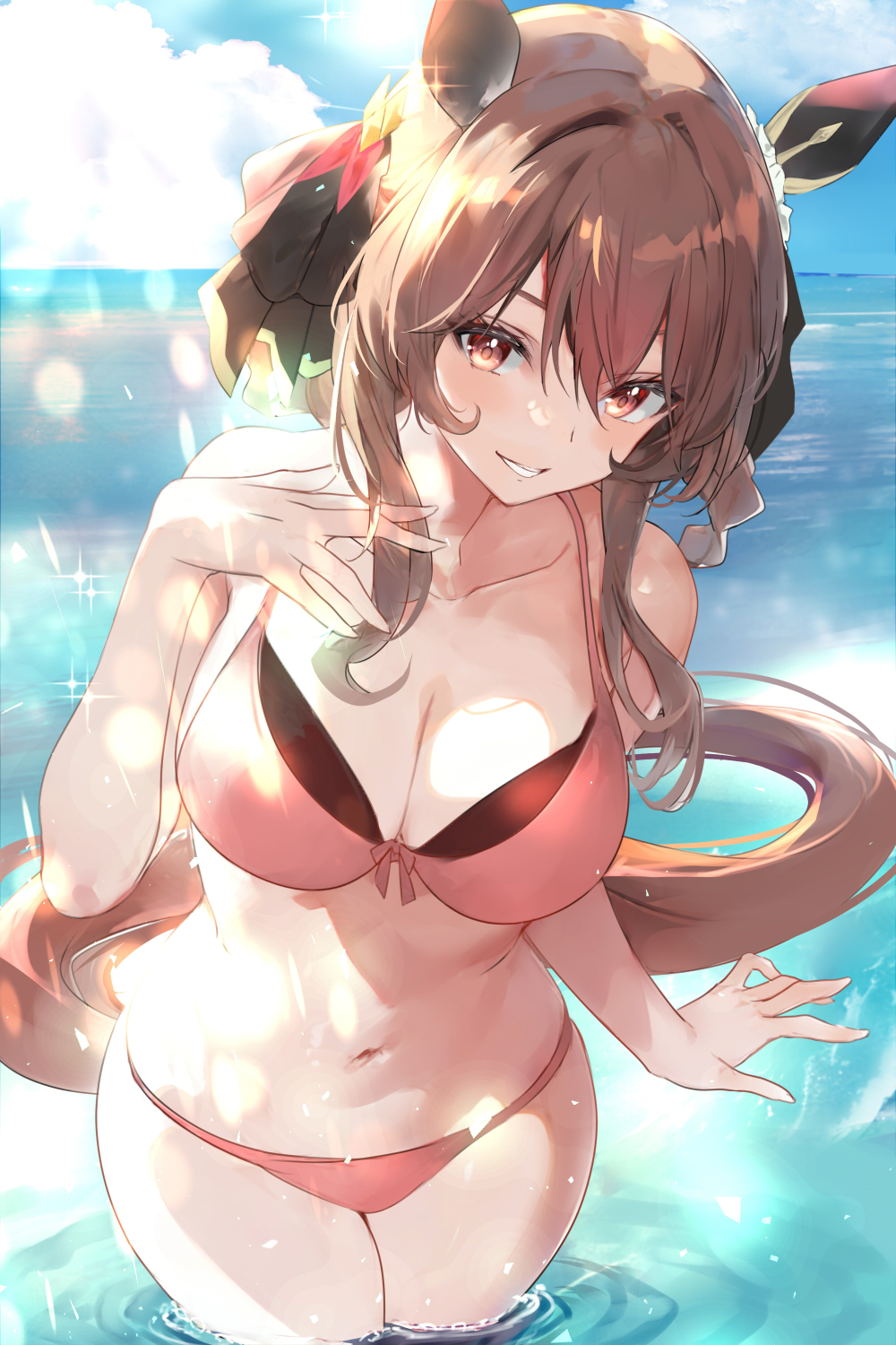 1girl animal_ears bikini blush breasts brown_hair cleavage collarbone front-tie_bikini_top front-tie_top gentildonna_(umamusume) highres horse_ears horse_girl horse_tail large_breasts looking_at_viewer navel sidelocks smile solo stomach swimsuit tail umamusume uu-tan_(hushigi10) wading