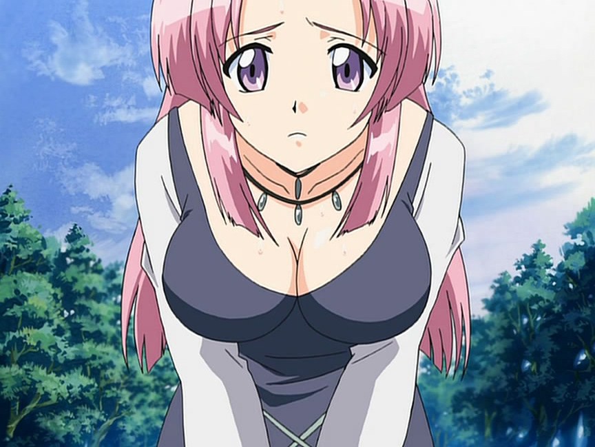 1girl breasts cleavage cloud female large_breasts leaning_forward long_hair looking_at_viewer necklace ooeyama_inori pink_hair purple_eyes screencap solo stitched teacher tsuyokiss violet_eyes
