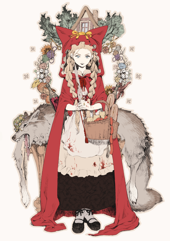 animal apron basket beige_background big_bad_wolf_(grimm) blonde_hair blood bloody_clothes bloody_hands blue_eyes bottle bow braid bread cheese cloak flower food full_body glasses hair_bow hat holding holding_knife hood hooded_cloak house jewelry key knife knitting_needle little_red_riding_hood little_red_riding_hood_(grimm) long_hair mary_janes mob_cap needle open_mouth pince-nez red_cloak ring ryota-h sausage scissors shoes spool standing twin_braids wine_bottle wolf yarn yarn_ball