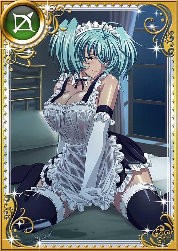 alternate_costume apron artist_request black_legwear card_(medium) elbow_gloves gloves green_eyes green_hair ikkitousen ikkitousen_great_guardians maid maid_apron maid_headdress official_art ryofu_housen solo thighhighs trading_card twintails