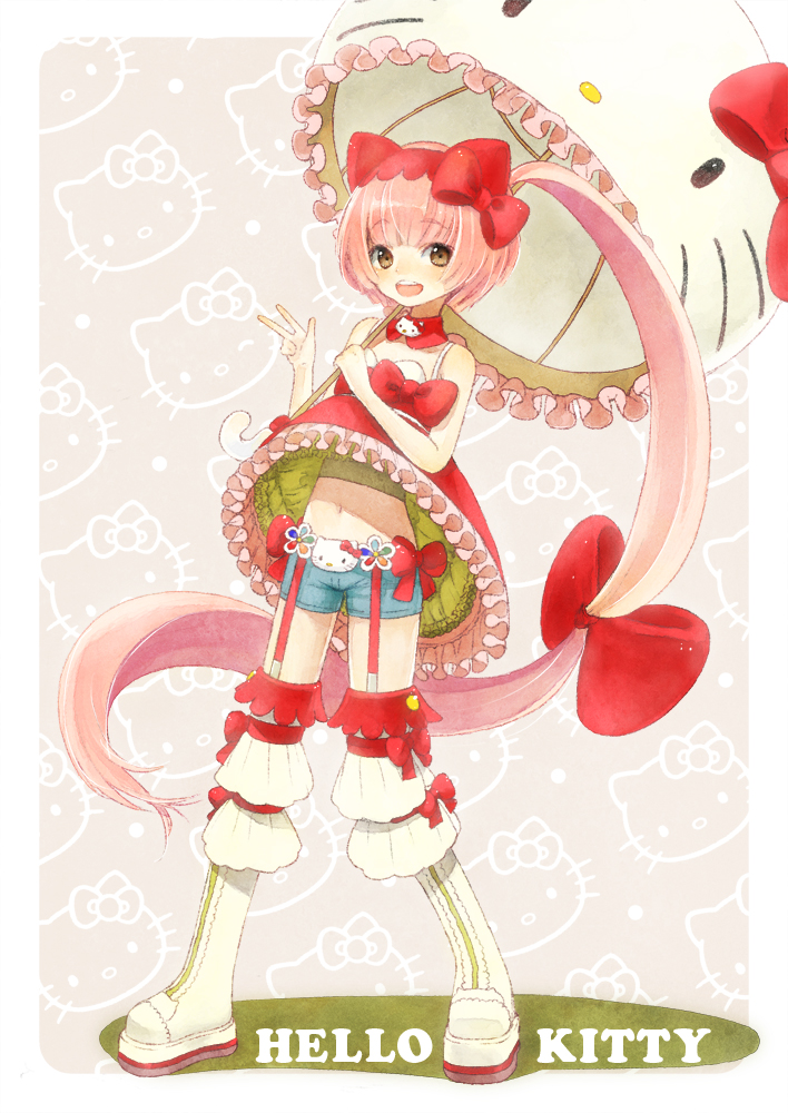 animal_ears animal_themed_umbrella bow brown_eyes cako_asida cat_ears denim denim_shorts detached_collar hair_bow hairband hello_kitty hello_kitty_to_issho! long_hair looking_at_viewer midriff navel nekomura_iroha parasol pink_hair ponytail red_bow shorts smile solo umbrella v very_long_hair vocaloid