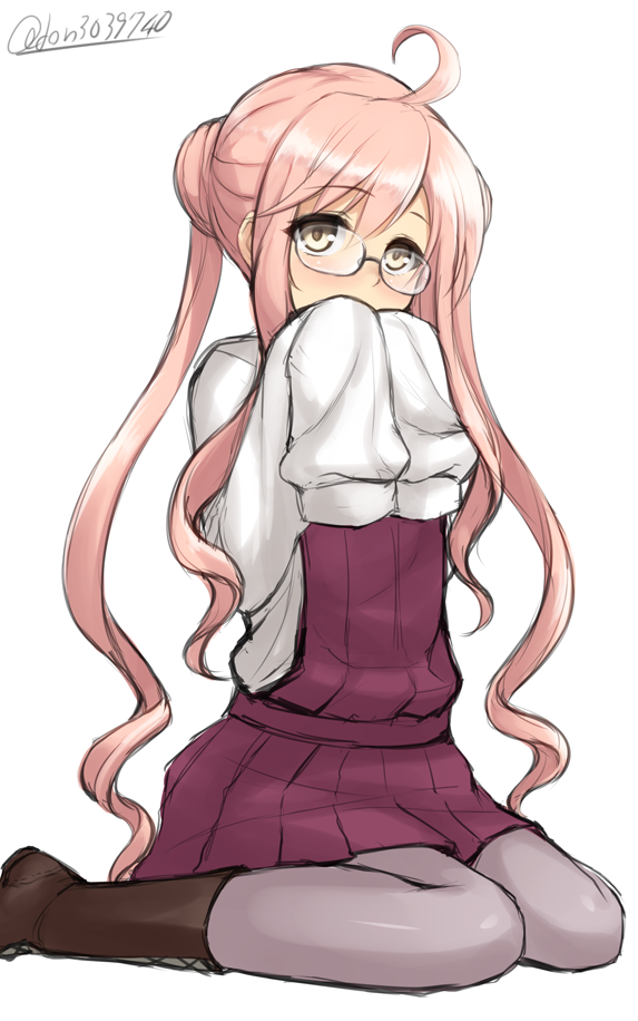 ahoge artist_name blush boots covering_mouth don_(29219) double_bun glasses kantai_collection long_hair looking_at_viewer makigumo_(kantai_collection) pantyhose pink_hair school_uniform sitting skirt sleeves_past_fingers sleeves_past_wrists solo twintails twitter_username white_background yellow_eyes