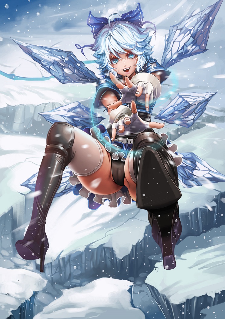 ahoge alternate_costume banned_artist black_footwear black_panties blue_eyes blue_hair boots bow cameltoe cirno fingerless_gloves gloves hair_bow high_heel_boots high_heels ice knee_boots looking_at_viewer open_mouth panties short_hair smile solo thighhighs touhou underwear white_legwear wings yinan_cui