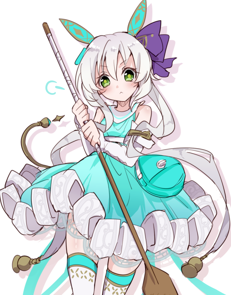 1girl :< animal_ears atelier_(series) atelier_sophie_2 bare_shoulders blue_bag blue_dress bow closed_mouth cowboy_shot dress fake_animal_ears green_eyes grey_hair hair_between_eyes hair_bow holding karasumi_(aiseec) long_hair looking_at_viewer plachta puff_of_air purple_bow simple_background solo standing white_background