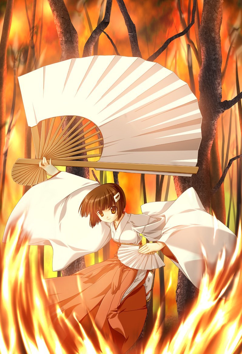 brown_eyes brown_hair fire flames japanese_clothes miko