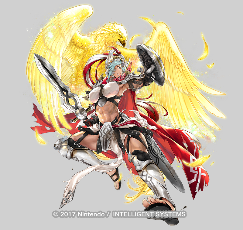 1girl abs arm_shield bilingual_commentary bird black_gloves breasts clenched_teeth company_name dagr_(fire_emblem) dagr_(sunny_bloom)_(fire_emblem) damaged emblem feather_trim fire_emblem fire_emblem_heroes full_body gladiator_sandals gloves glowing glowing_animal grey_background grey_hair holding holding_sword holding_weapon lips medium_breasts mixed-language_commentary muscular muscular_female navel official_alternate_costume official_art pelvic_curtain sandals sheath shield short_hair solo sword teeth torn_clothes v-shaped_eyebrows weapon yamada_koutarou