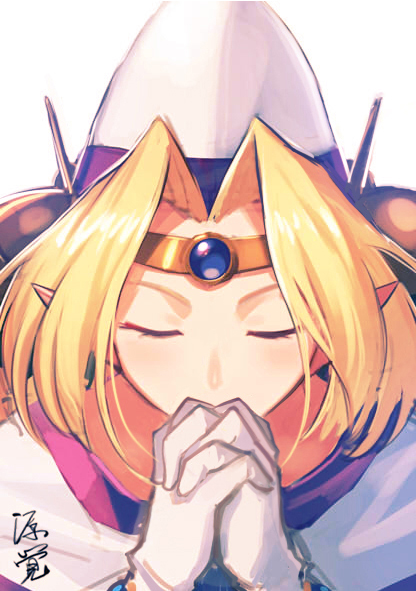 bad_id bad_pixiv_id bangs blonde_hair closed_eyes filia_ul_copt gloves hands_clasped hat ishitsu_kenzou own_hands_together parted_bangs pointy_ears praying short_hair signature slayers slayers_try solo white_background white_gloves