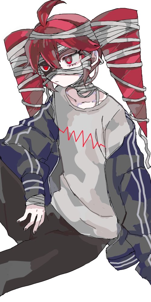 1girl ahoge alternate_costume bandaged_head bandages black_pants blue_jacket closed_mouth double-parted_bangs drill_hair ebi834 feet_out_of_frame fingernails hair_between_eyes jacket kasane_teto long_hair pants red_eyes red_hair red_nails shirt simple_background solo striped_clothes striped_shirt symbol_in_eye ultra_trailer_(synthesizer_v) utau white_background white_shirt white_trim