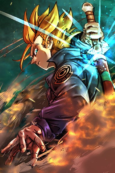 1boy aqua_eyes blonde_hair capsule_corp denim denim_jacket dragon_ball dragonball_z fingernails fire glowing jacket looking_back male_focus profile serious short_hair smoke spiked_hair st62svnexilf2p9 super_saiyan sword trunks_(dragon_ball) upper_body weapon