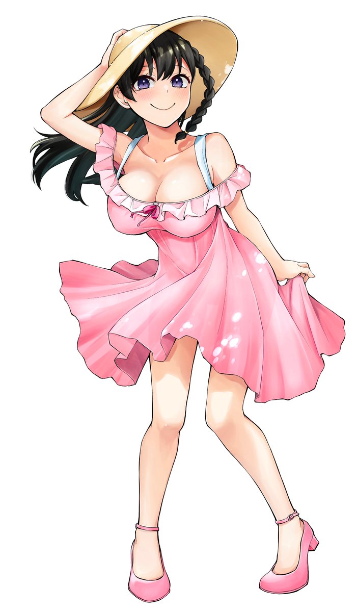 1girl bare_shoulders black_hair braid breasts cleavage closed_mouth collarbone commentary_request dress full_body hajimete_no_ojou-sama hand_on_headwear hat highres large_breasts looking_at_viewer off-shoulder_dress off_shoulder ojou_kotone orange_lili pink_dress pink_footwear purple_eyes side_braid simple_background skirt_hold smile solo standing sun_hat tachi-e white_background yellow_hat