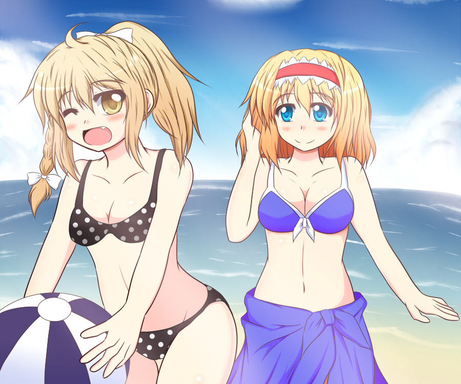 alice_margatroid altas alternate_hairstyle beach bikini blonde_hair blue_eyes blush braid day fang hairband kirisame_marisa multiple_girls one_eye_closed open_mouth ponytail side_braid smile swimsuit touhou yellow_eyes