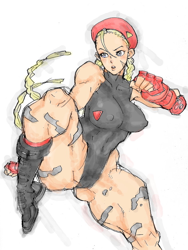 ahoge alternate_color black_leotard blonde_hair blue_eyes bodypaint boots braid breasts cammy_white camouflage clenched_hands covered_nipples fighting_stance fingerless_gloves gloves kicking knee_boots kyuraa_(kyura9een) large_breasts leotard long_hair player_2 scar socks solo standing standing_on_one_leg street_fighter thick_thighs thighs thong_leotard twin_braids