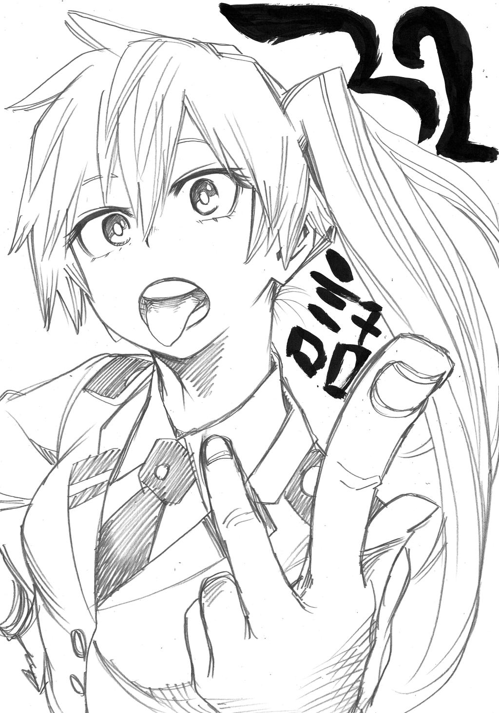 1girl bangs blazer boku_no_hero_academia buttons character_check collared_shirt foreshortening graphite_(medium) hair_between_eyes hand_on_hip hands head_tilt highres horikoshi_kouhei index_finger_raised kendou_itsuka kobushifuji long_hair long_sleeves looking_at_viewer monochrome necktie open_mouth school_uniform shirt side_ponytail simple_background sketch small_breasts solo tongue tongue_out traditional_media upper_body white_background