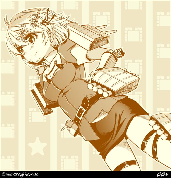 alternate_costume commentary_request cosplay crab crab_on_shoulder haguro_(kantai_collection) haguro_(kantai_collection)_(cosplay) hair_ornament hair_ribbon kantai_collection machinery monochrome numbered oboro_(kantai_collection) pantyhose ribbon short_hair skirt smile solo sumeragi_hamao twitter_username uniform yellow