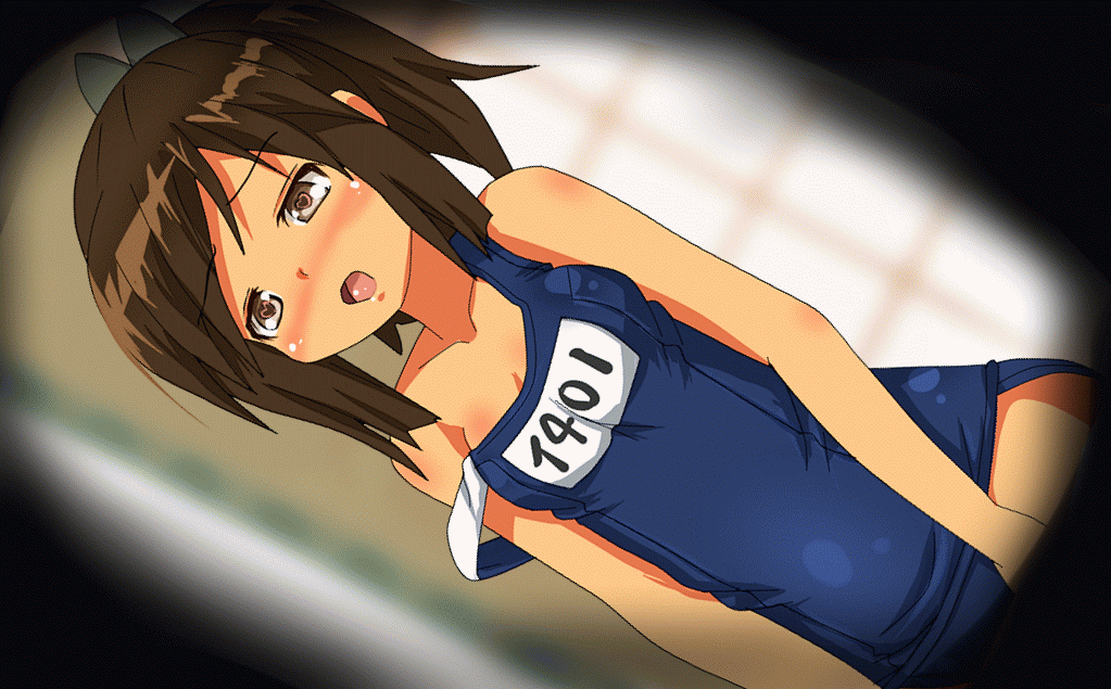 animated animated_gif bad_id bad_nicoseiga_id blush bouncing_breasts breasts brown_eyes brown_hair cleavage dutch_angle hangaku heart heart-shaped_pupils i-401_(kantai_collection) implied_sex kantai_collection name_tag one-piece_swimsuit open_mouth school_swimsuit sexually_suggestive small_breasts strap_slip swimsuit symbol-shaped_pupils vignetting