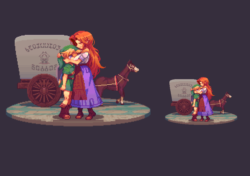 1girl blonde_hair blue_eyes blush boots breast_smother breasts brown_hair closed_eyes cremia hat horse hug link long_hair medium_breasts migel_futoshi pixel_art pointy_ears pullcart simple_background skirt smile the_legend_of_zelda the_legend_of_zelda:_majora's_mask young_link