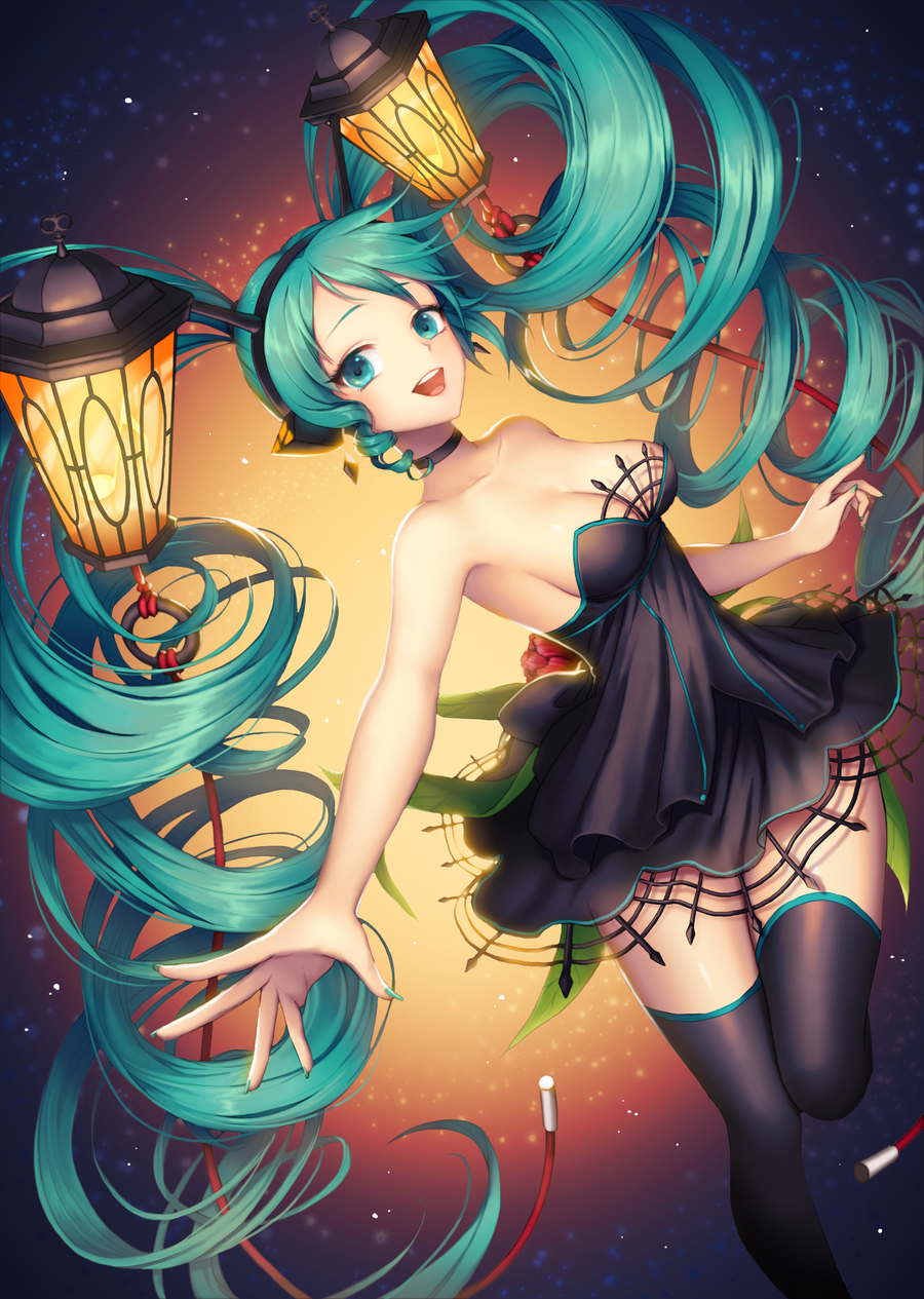 :d alternate_hairstyle aqua_eyes aqua_hair aqua_nails bare_arms black_dress black_legwear breasts choker cleavage dress drill_hair flower hair_ornament hatsune_miku highres lamp lamp_miku leaf leg_up long_hair looking_at_viewer medium_breasts nail_polish open_mouth short_dress smile solo strapless strapless_dress thighhighs twin_drills twintails very_long_hair vocaloid yuri_(anachronic) zettai_ryouiki