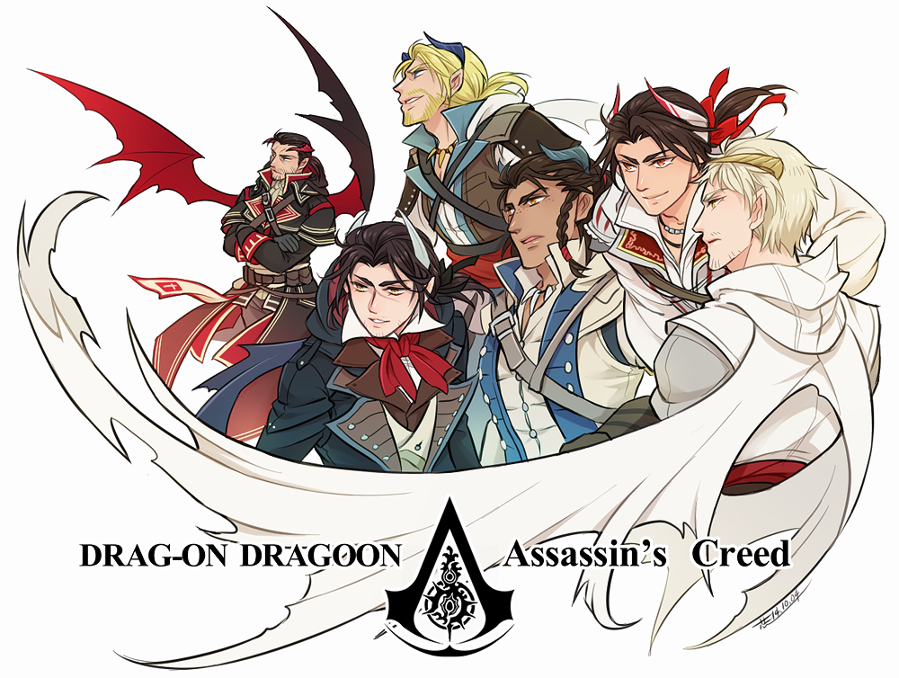 altair_ibn_la-ahad arno_dorian assassin's_creed assassin's_creed_(series) connor_kenway copyright_name crossover drag-on_dragoon edward_kenway ezio_auditore_da_firenze horns male_focus multiple_boys scar shay_patrick_cormac shinzui_(fantasysky7) wings