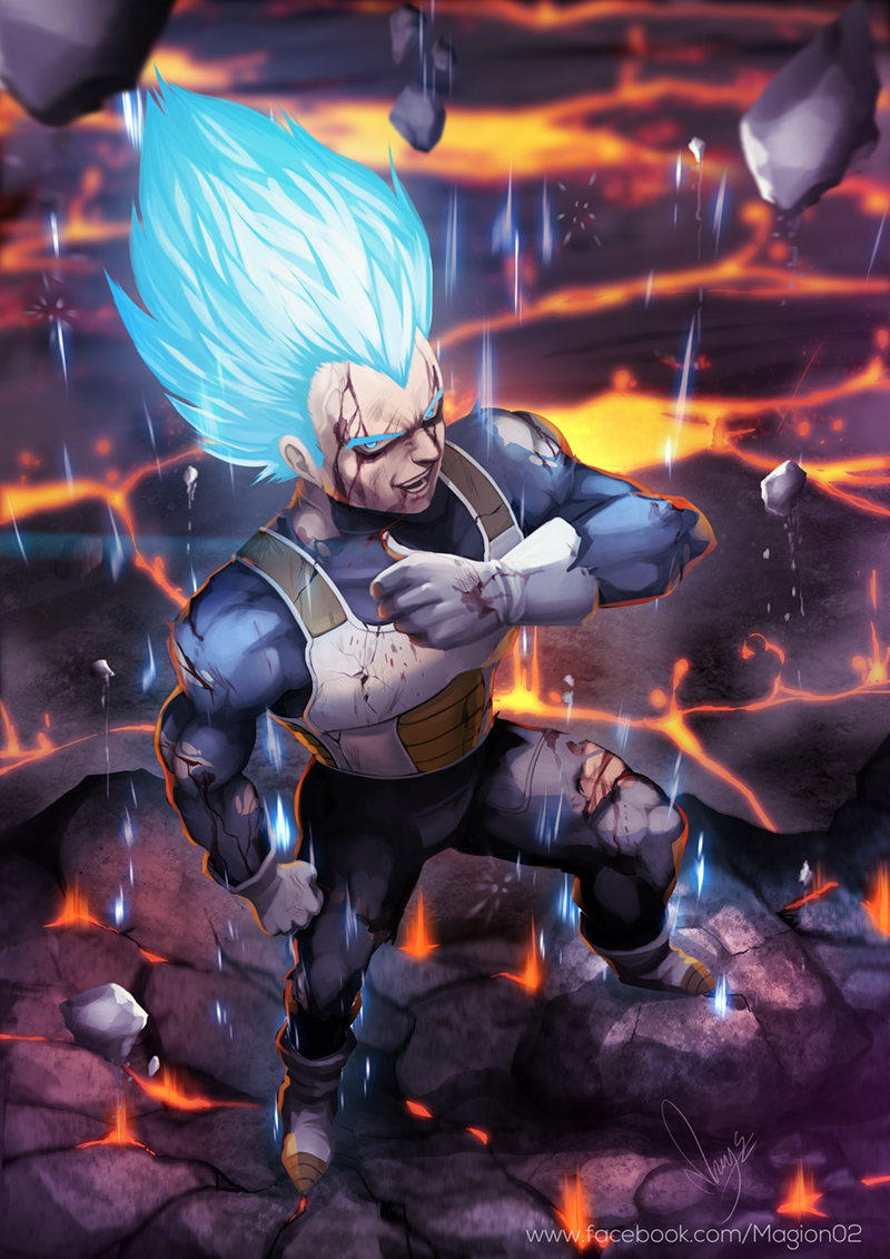 armor artist_name blood blood_from_mouth blue_eyes blue_hair dragon_ball dragon_ball_z dragon_ball_z_fukkatsu_no_f energy facebook_username floating_rock full_body gloves long_hair magion02 male_focus molten_rock muscle signature smile solo spiked_hair super_saiyan super_saiyan_blue torn_clothes vegeta veins watermark web_address