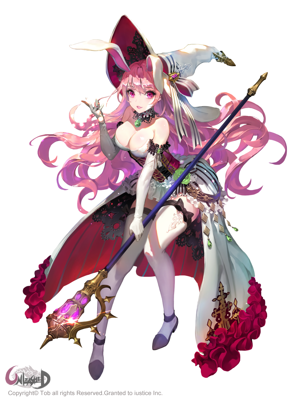 animal_ears breasts bunny_ears cleavage corset detached_collar elbow_gloves full_body gloves hat highres large_breasts long_hair mole pink_eyes pink_hair simple_background smile solo staff thighhighs tob unleashed very_long_hair watermark white_background white_gloves white_legwear witch_hat