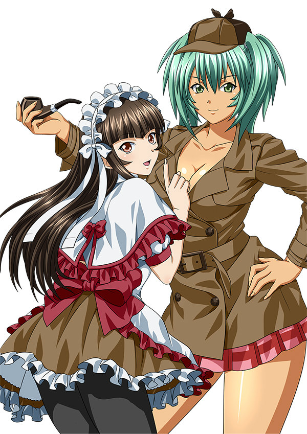 2girls breasts brown_eyes brown_hair cleavage female green_eyes green_hair ikkitousen large_breasts long_hair looking_at_viewer multiple_girls official_art open_mouth ryofu_housen smile solo standing ten'i_(ikkitousen) ten'i_(ikkitousen) twintails