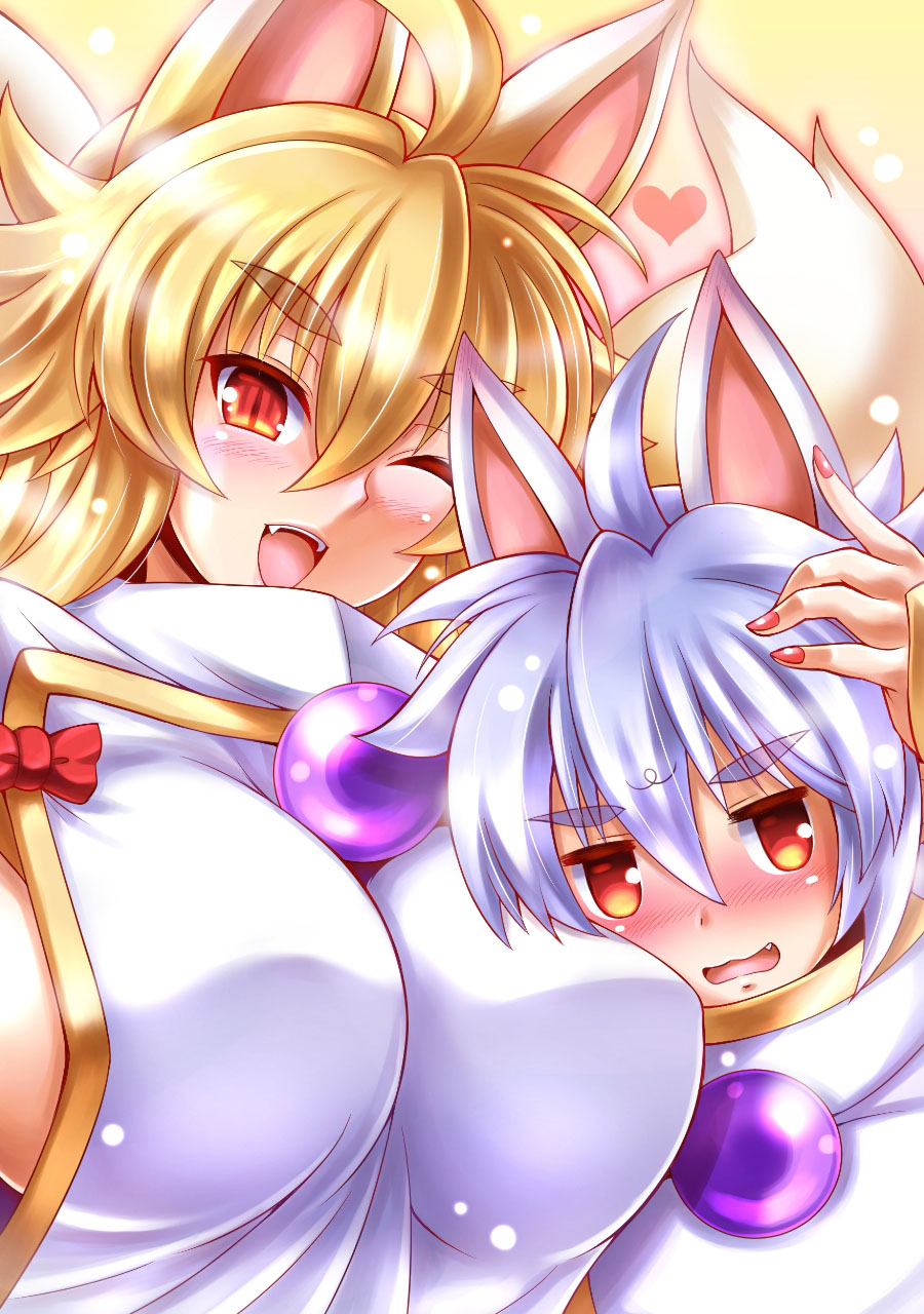 1girl ;d animal_ears blonde_hair blush breasts fang fangs fox_ears fox_tail heart highres izuna_(shinrabanshou) kittan_(cve27426) large_breasts long_hair looking_at_viewer mother_and_son one_eye_closed open_mouth red_eyes sai_(shinrabanshou) shinrabanshou slit_pupils smile tail white_hair