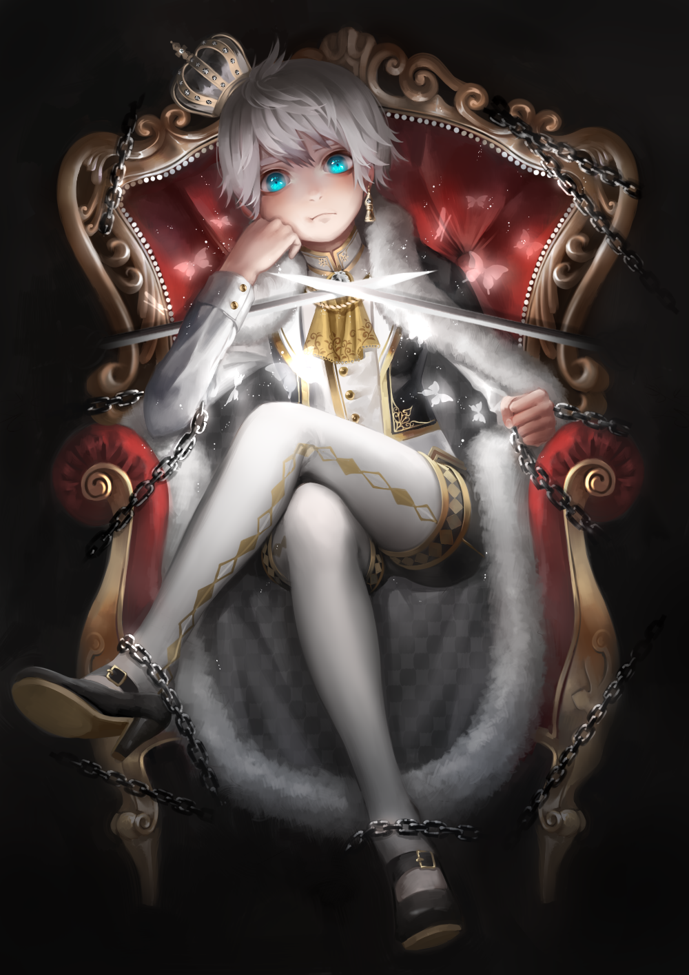 androgynous aqua_eyes bad_id bad_pixiv_id black_background board_game buckle bug butterfly cape chain chained chair checkered chess chin_rest cravat crossed_legs crossed_swords crown earrings frown full_body fur_trim high_heels highres insect jewelry legwear_under_shorts long_sleeves looking_at_viewer mary_janes original pantyhose restrained ryota_(ry_o_ta) shoes short_hair shorts simple_background sitting solo sword throne vest weapon white_hair white_legwear