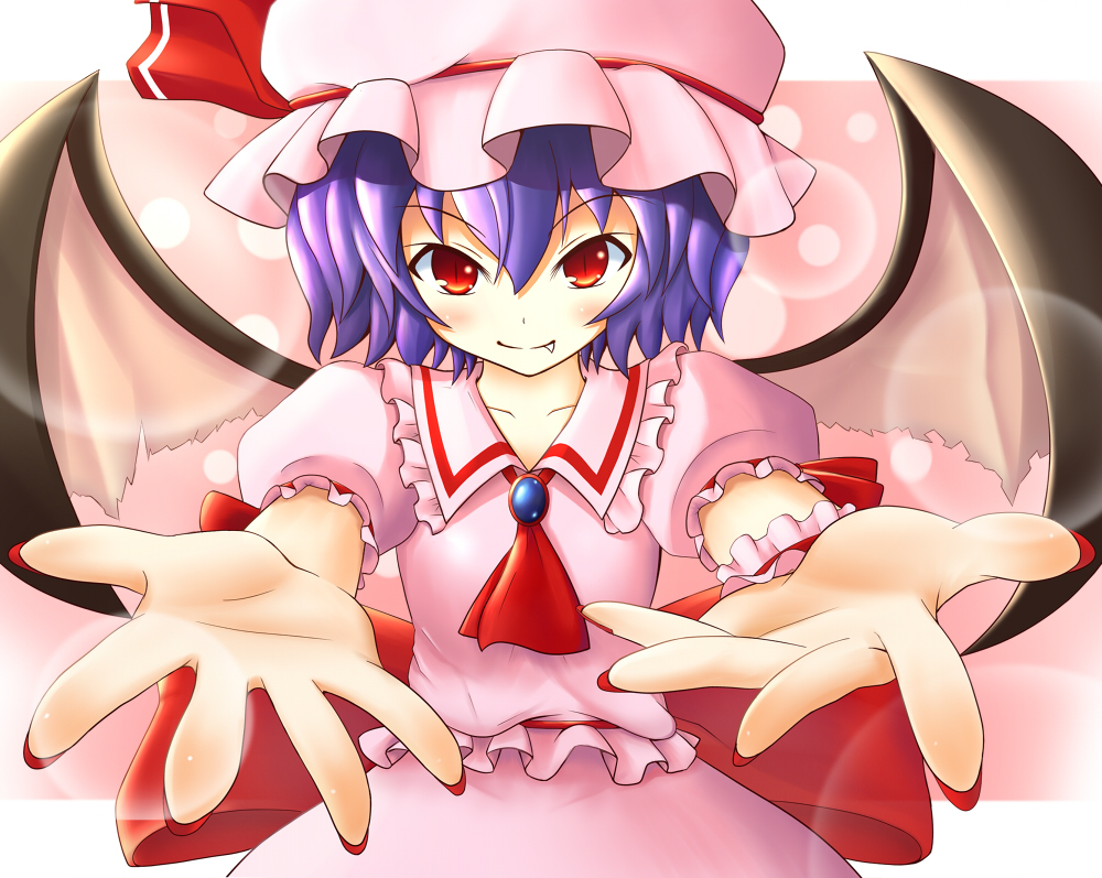 bad_id bad_pixiv_id bat_wings fang foreshortening hands hat lens_flare looking_at_viewer nail_polish outstretched_arms outstretched_hand purple_hair red_eyes red_nails remilia_scarlet short_hair slit_pupils smile solo touhou wings yunomi_chawan